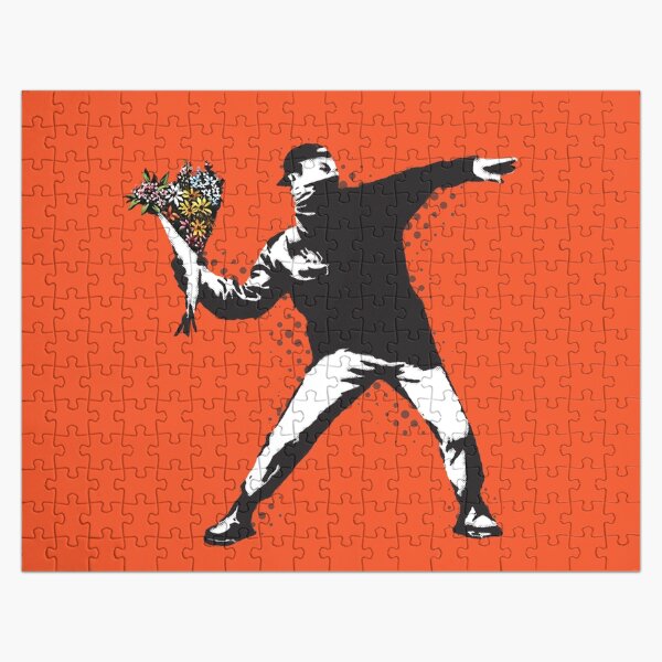 Banksy graffiti Protest anarchist throwing flowers Thrower Make Art not war on orange background HD HIGH QUALITY ONLINE STORE Jigsaw Puzzle