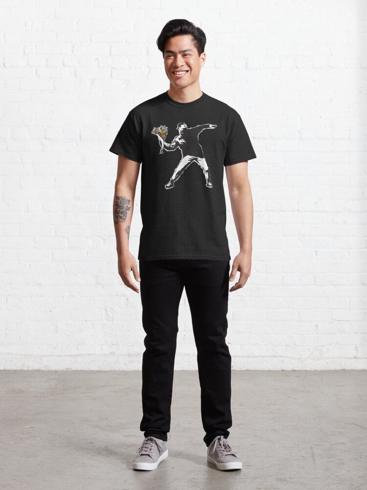 Discover Banksy graffiti Protest anarchist throwing flowers Thrower Make Art not war on black background HD HIGH QUALITY ONLINE STORE | Classic T-Shirt