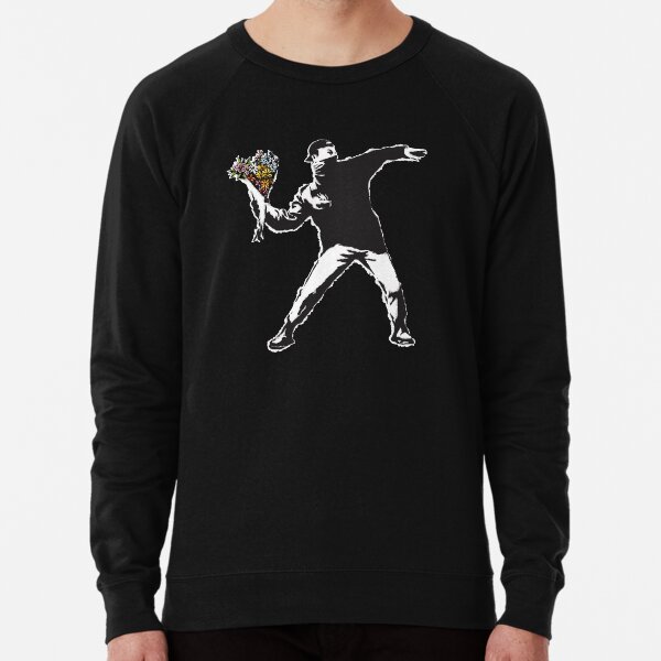 Banksy graffiti Protest anarchist throwing flowers Thrower Make Art not war on black background HD HIGH QUALITY ONLINE STORE Lightweight Sweatshirt