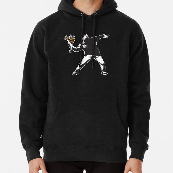 Banksy graffiti Protest anarchist throwing flowers Thrower Make Art not war on black background HD HIGH QUALITY ONLINE STORE Pullover Hoodie