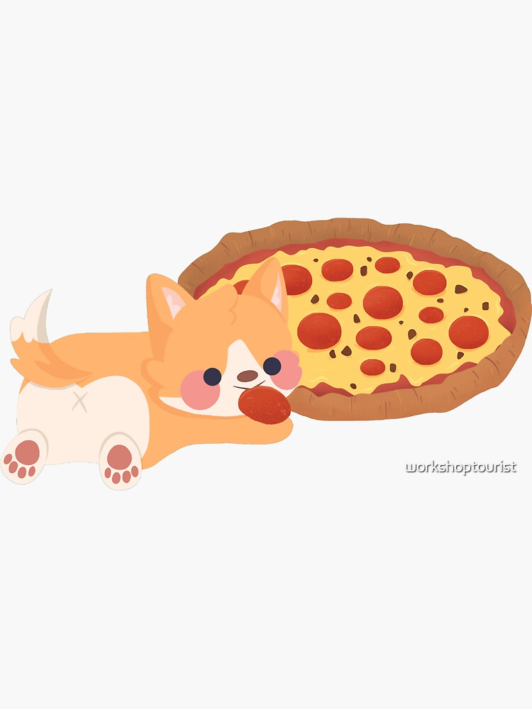 Cute Corgi Dog Puppy Eating A Pizza Drawing Sticker Cartoon Sticker
