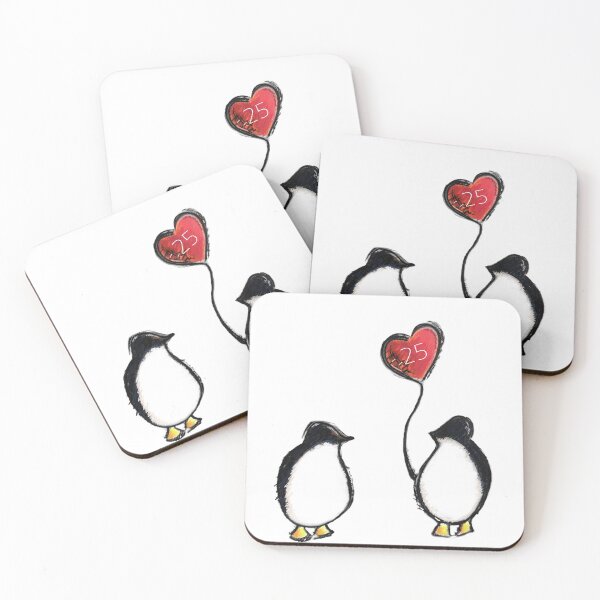 Aperçu de l'œuvre Pingouin 25e anniversaire de mariage en argent avec ballon coeur rouge créée et vendue par thesummerhouse.