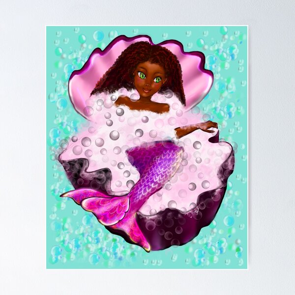 Black anime mermaid with blue tang fish, beautiful black girl with Afro hair,  green eyes, Cherry pink lips and dark brown skin. Hair love ! Poster for  Sale by Artonmytee