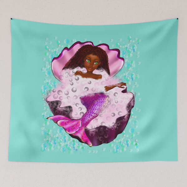 Item preview, Mermaid spa day in Oyster clam shell 2 - Black anime mermaid in bubble bath. Pretty black girl with Afro hair, green eyes, Cherry pink lips and dark brown skin. Hair love ! designed and sold by Artonmytee.