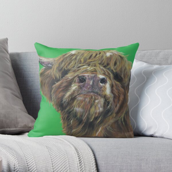 Och Aye The Moo. Highland cow, Heilan Scottish coo art by award-winning UK artist Sam Fenner Throw Pillow