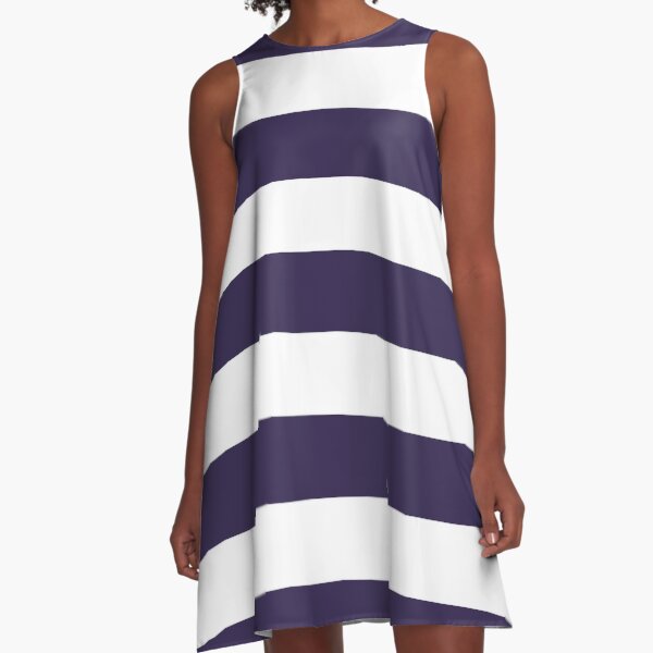 Medium NAVY BLUE and WHITE Horizontal STRIPES A-Line Dress