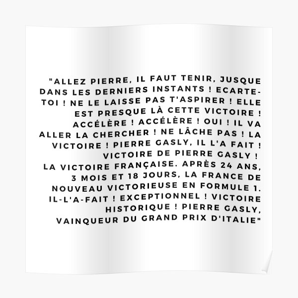 Commentaire Français Monza GP - Victoire du pilote de F1 Pierre Gasly Poster