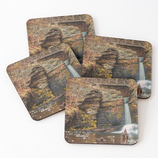 Item preview, Deer Leap Falls, Childs Park, Poconos, PA, in Autumn, with white text title designed and sold by Rabbitti.