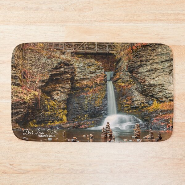 Item preview, Deer Leap Falls, Childs Park, Poconos, PA, in Autumn, with white text title designed and sold by Rabbitti.