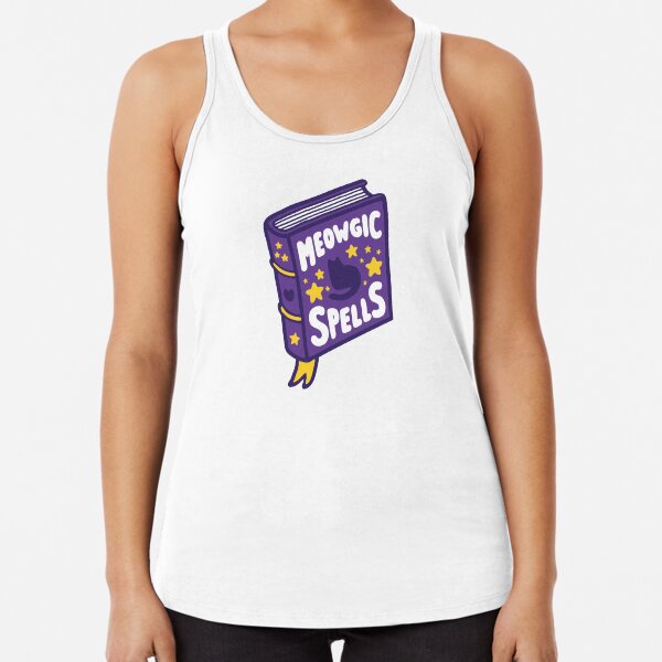 Meowgic Spells Book on Orange Racerback Tank Top