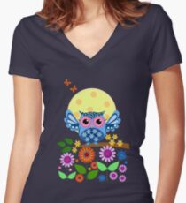 Decorative spring owl and flowers Women's Fitted V-Neck T-Shirt