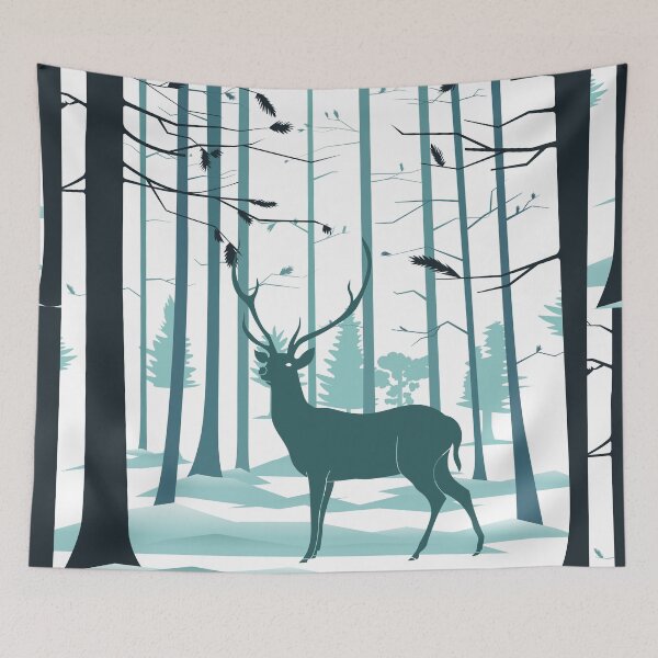 Item preview, blue grey forest winter pine tree woodland deer silhouette designed and sold by IamTrending.