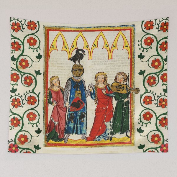 Aperçu de l'œuvre CHEVALIER DU CYGNE DANSANT AVEC DE BELLES DAMES, MUSIQUE DE VIOLON, MINIATURE MÉDIÉVALE AVEC DES ROSES SAUVAGES créée et vendue par BulganLumini.