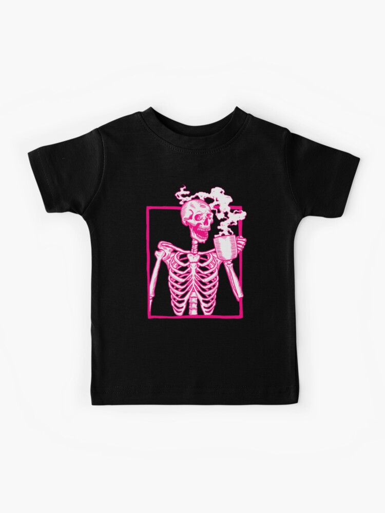 halloween skeleton drinking coffee pink