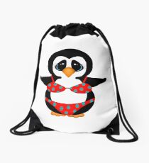 Beach Penguin in Floral Swimsuit Drawstring Bag