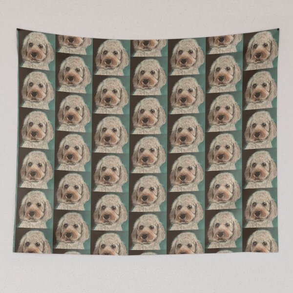 Item preview, Cavapoo dog hand painted on green background designed and sold by Jennifer Morcom.