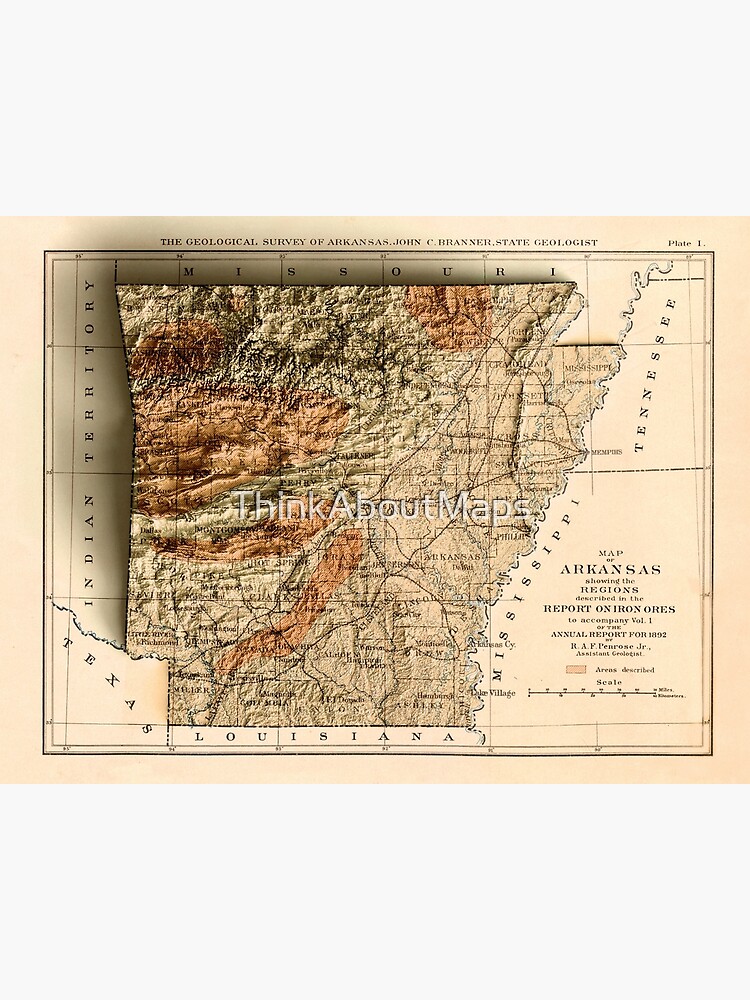 Discover 1892 Relief Map of Arkansas 3D digitally-rendered Premium Matte Vertical Poster