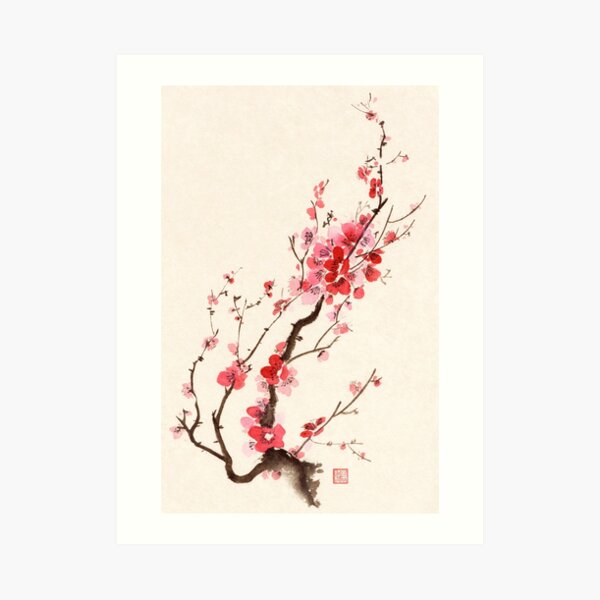 Sumi-e ink painting of blooming beautiful plum blossom or sakura branch with red flowers art print Art Print