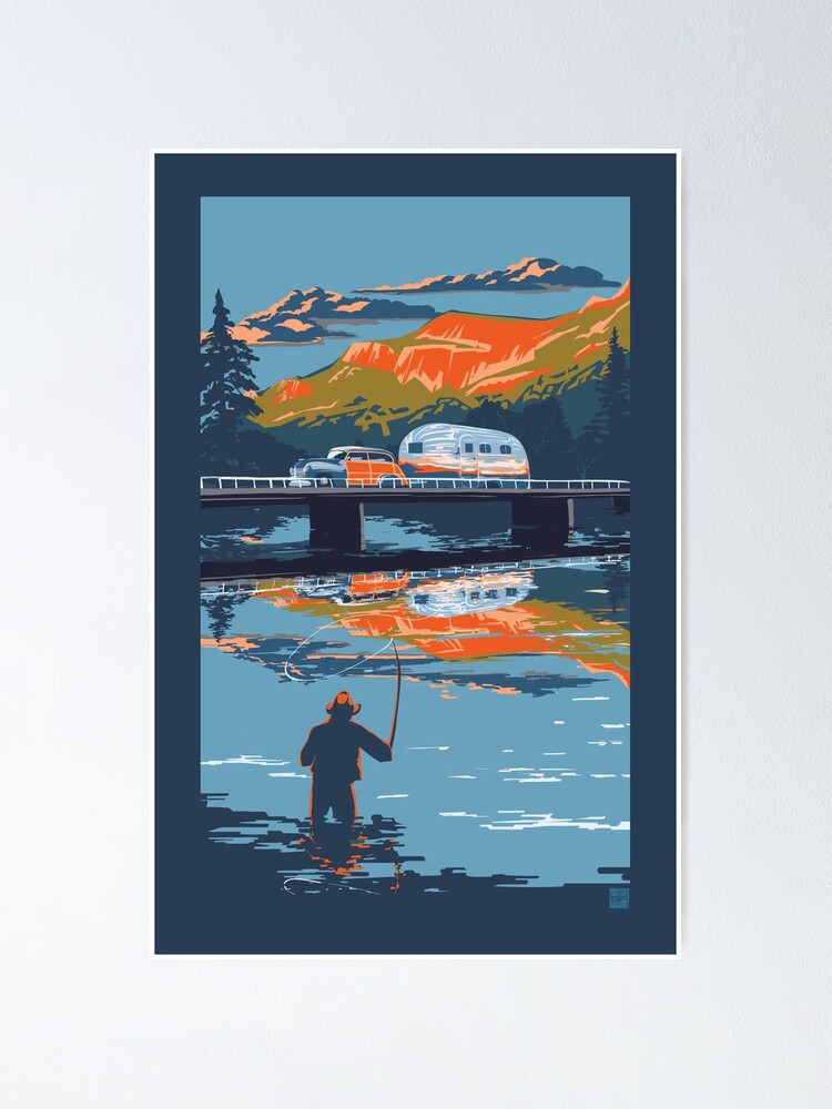 Fly Fishing Scene: Retro Poster Art | Large Solid-Faced Canvas Wall Art Print | Great Big Canvas