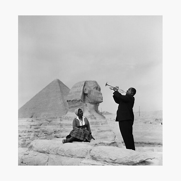 Black and White Photo of Louis Armstrong at the Egyptian Sphinx  Photographic Print
