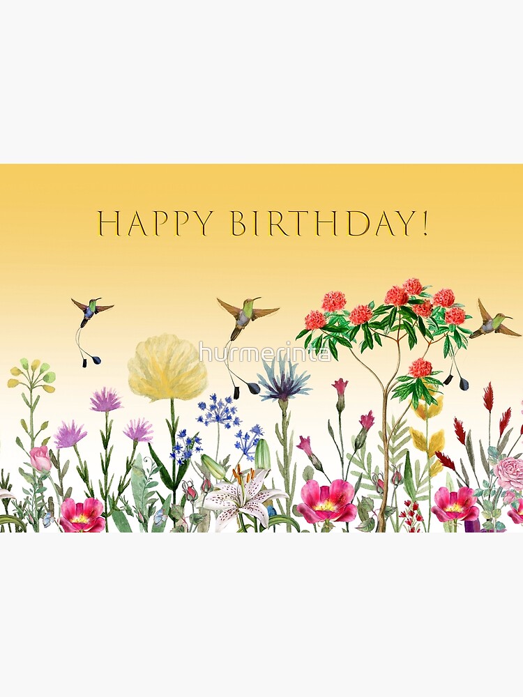 Happy Birthday With Flowers And Hummingbirds | Poster