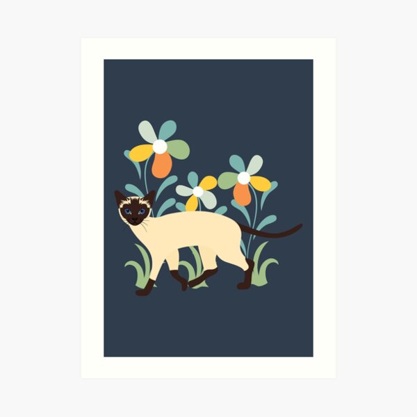 Siamese Cat and Flowers Art Print