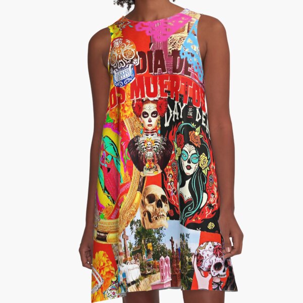 Day of the Dead Collage Halloween Dia De Los Muertos A-Line Dress