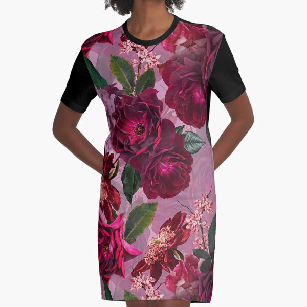 Antique Purple Botanical Flower Rose Garden Graphic T-Shirt Dress