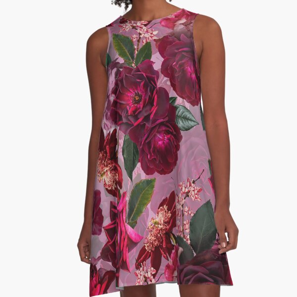 Antique Purple Botanical Flower Rose Garden A-Line Dress