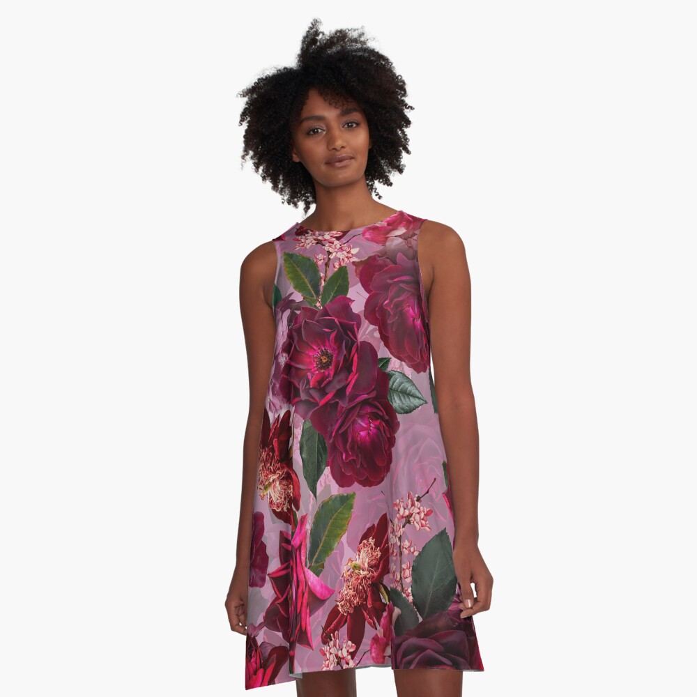 Antique Purple Botanical Flower Rose Garden A-Line Dress