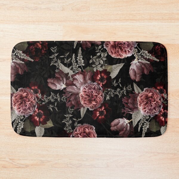 Dutch Vintage Midnight Roses And Tulips Pattern Botanical Night Garden Bath Mat