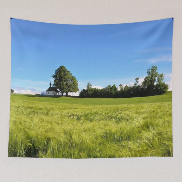 Item preview, Tiny chapel on a hill, rural Switzerland. Beautiful contrasts - blue, green, white designed and sold by JellyBeenzz.
