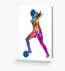 Girl playing soccer football player silhouette Greeting Card