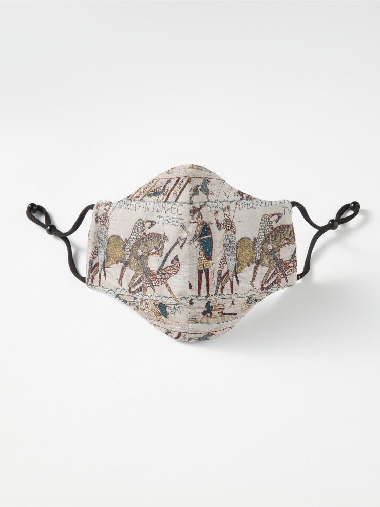 Alternate view of Bayeux Tapestry. King Harold is killed. Arrow in eye. Mask