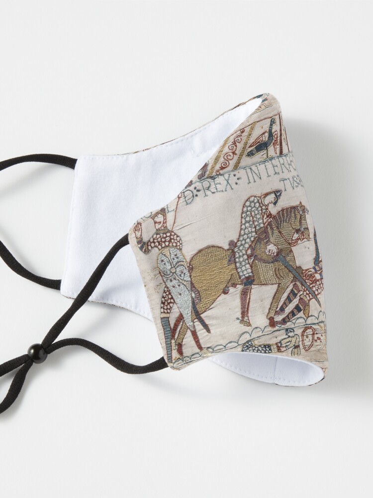 Alternate view of Bayeux Tapestry. King Harold is killed. Arrow in eye. Mask