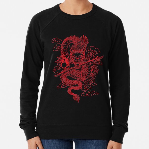 Red Chinese Dragon with Black Background Lightweight Sweatshirt