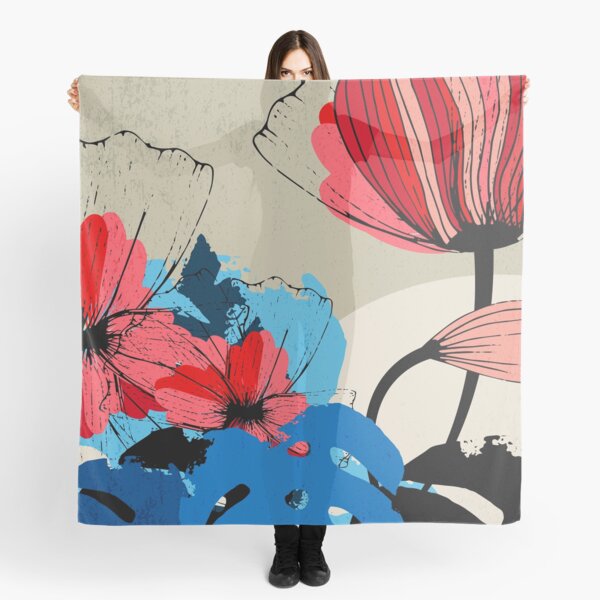 Blumen und Monstera Blätter - Blumenillustration in Rot, Blau und Schwarz Tuch