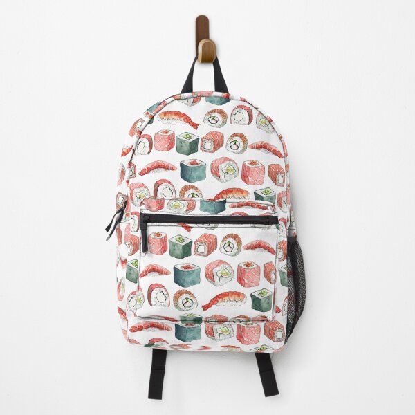 Item preview, Watercolor hand drawn sketch illustration seamless pattern background with set of sushi designed and sold by FuzzyLogicKate.