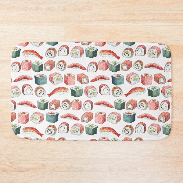 Item preview, Watercolor hand drawn sketch illustration seamless pattern background with set of sushi designed and sold by FuzzyLogicKate.