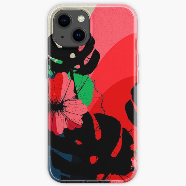 Blumen und Monstera Blätter - Blumenillustration in den Farben Rot, Grün und Dunkel iPhone Flexible Hülle