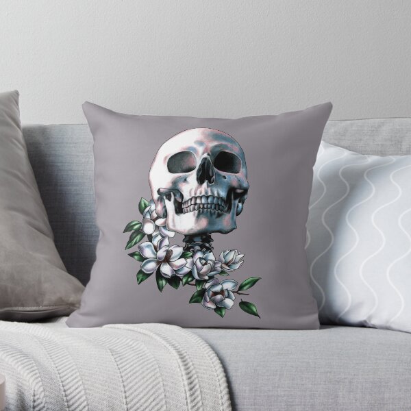 Skull & Magnolia Flowers Throw Pillow