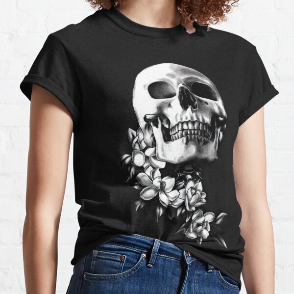 Skull & Magnolia Flowers B&W Classic T-Shirt
