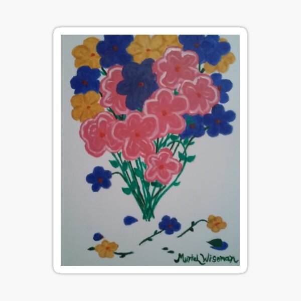 Bouquet Flowers Pink Blue Gold on White Sticker