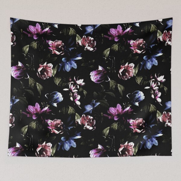 Item preview, Dark Flowers Floral Pink and Blue on Black designed and sold by mythandframe.