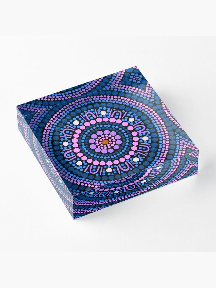 Australian Aboriginal Art Dot Painting Mandala Pink and Blue | Acrylic Block