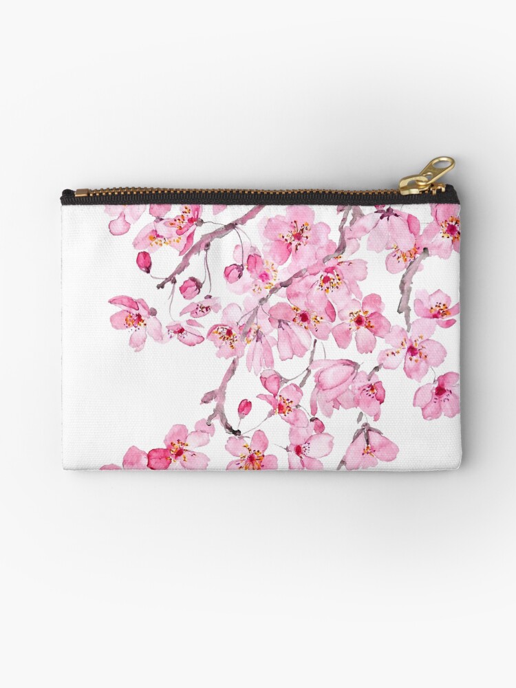 Thumbnail 1 of 4, Zipper Pouch, hand painted hand painted pink cherry blossom watercolor 2020 designed and sold by ColorandColor.
