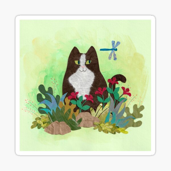 Black and White Cat Sees Dragonfly in the Garden Sticker