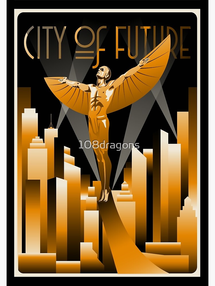 Disover Art Deco Aviator Flight Over The City of The Future Premium Matte Vertical Poster