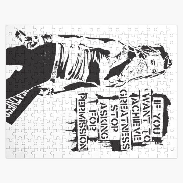 Banksy quote graffiti If You Want to Achieve Greatness stop asking for permission black and white with Banksy tag signature Jigsaw Puzzle