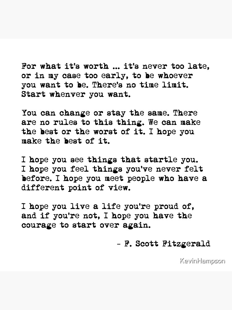 "For what it's worth F. Scott Fitzgerald quote with white background